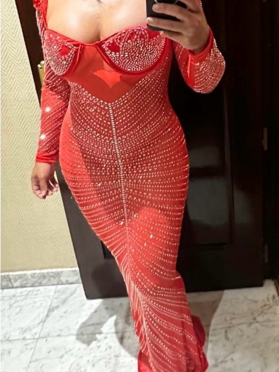 Dresses & Skirts - Red Long Sleeve Embellished Bodycon Evening Dress
